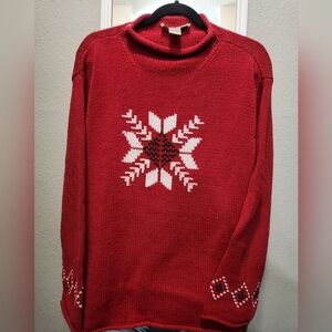 Vintage 90s Y2K Norton Studio Women's Red Snowflake Sweater Rolled Collar